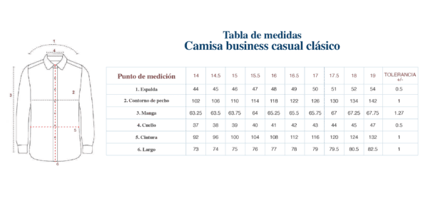 Tabla de medidas CAMISA BUSINESS CASUAL CLASICO BARSOTTI